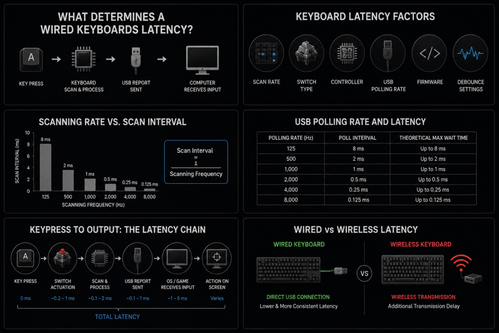 What Determines a Wired Keyboards Latency infographic showing keypress, keyboard processing, USB report, and computer response
