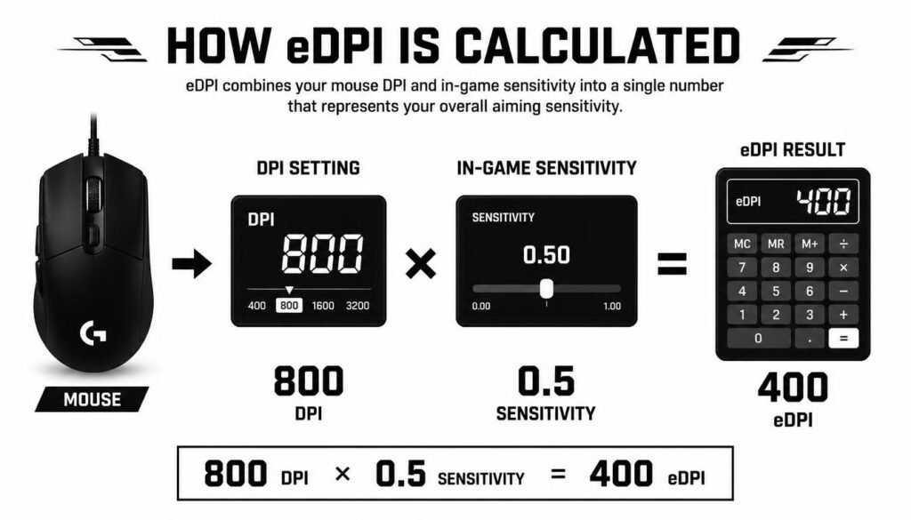 eDPI calculation example using 800 DPI and 0.5 sensitivity