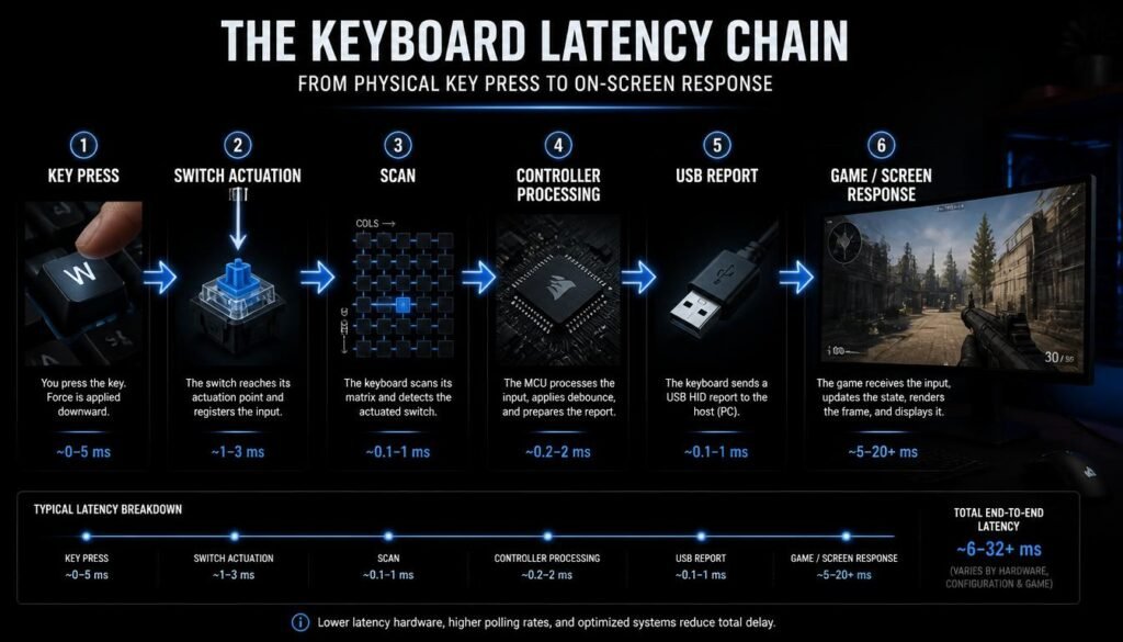 Keyboard latency chain from key press and switch actuation to USB report and screen response