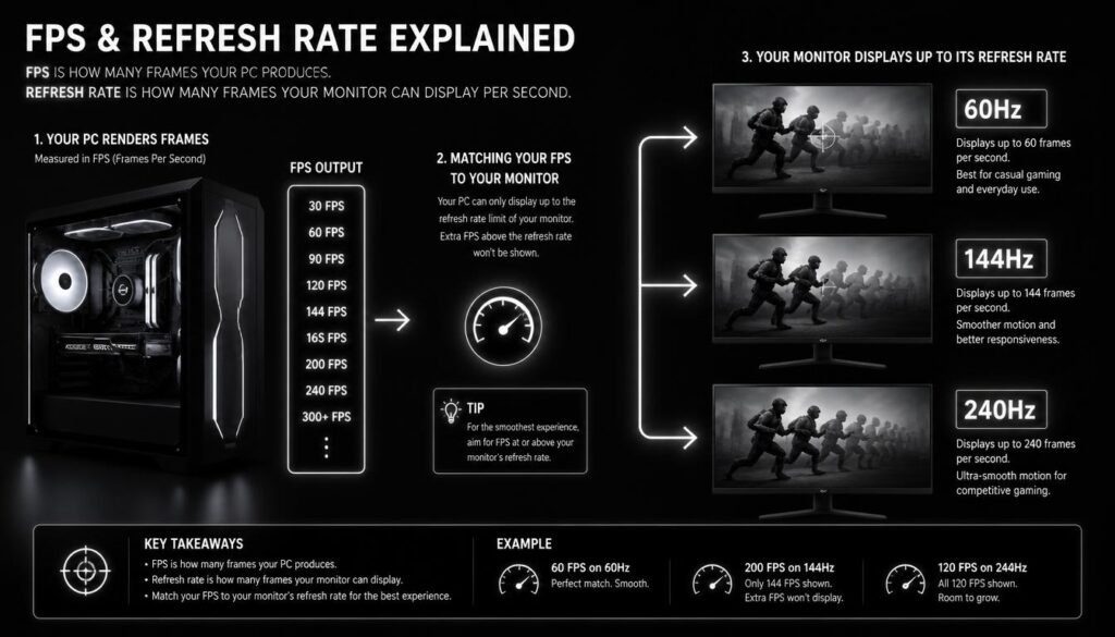 FPS and monitor refresh rate explained for gaming with 60Hz 144Hz and 240Hz