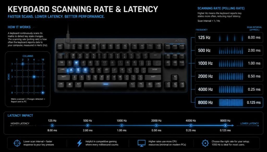 Keyboard scanning rate infographic comparing 125 Hz to 8000 Hz scan intervals and wired keyboard latency