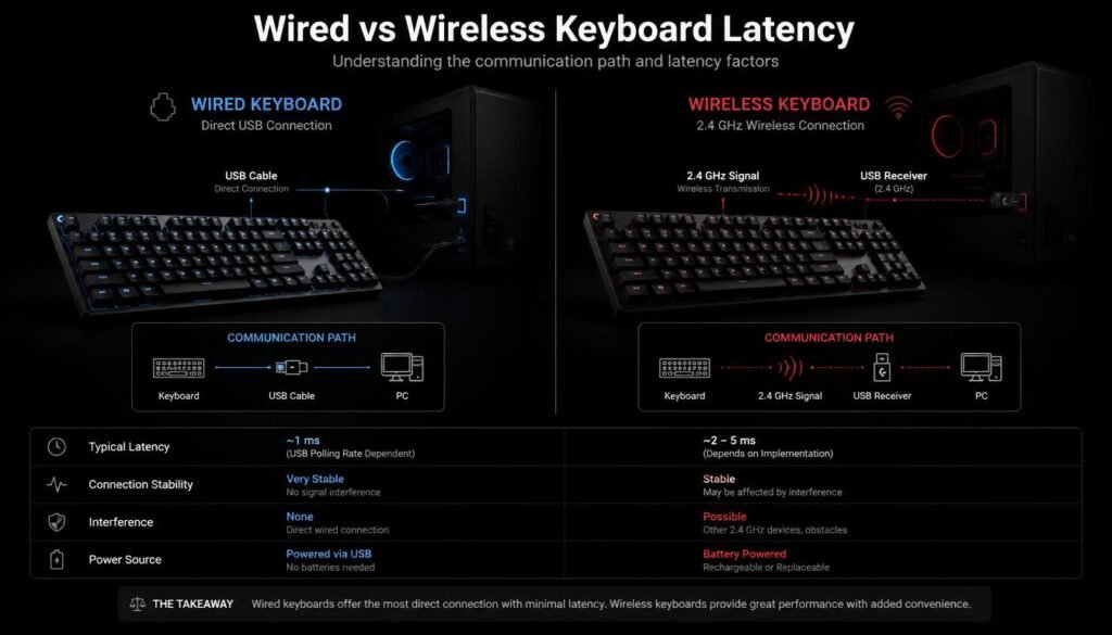 Wired vs wireless keyboard latency comparison showing USB connection and wireless transmission paths