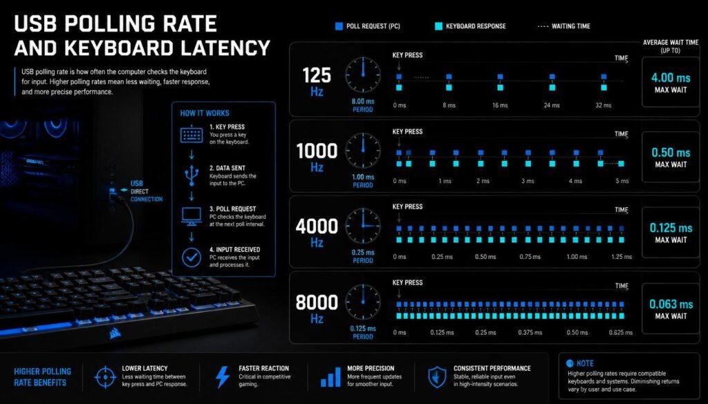USB polling rate and keyboard latency infographic showing 125 Hz, 1000 Hz, 4000 Hz, and 8000 Hz