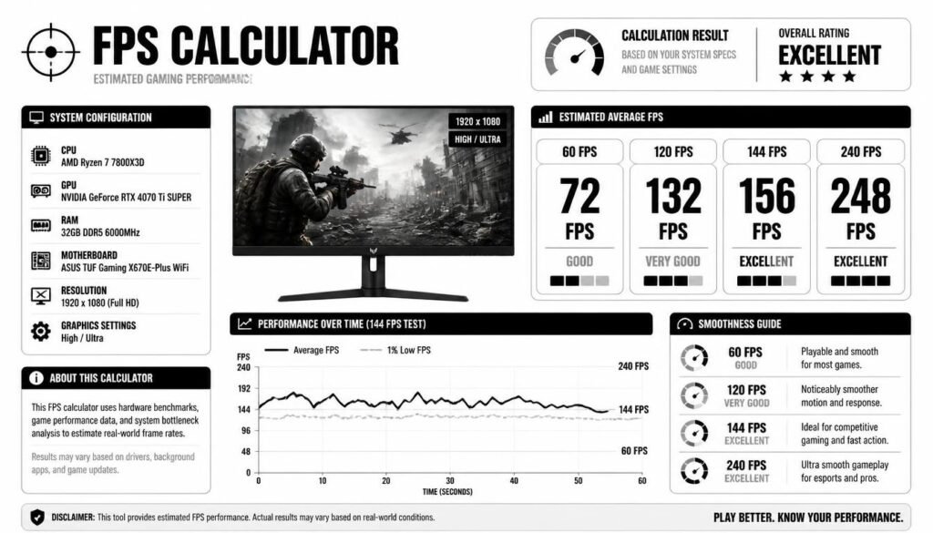 FPS calculator showing estimated gaming performance at 60 120 144 and 240 FPS