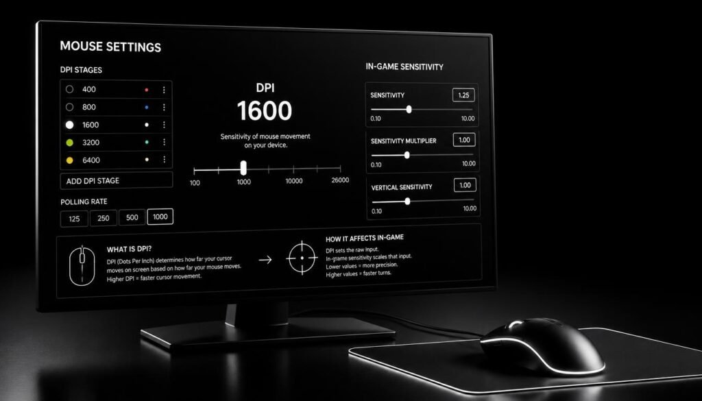 Gaming mouse DPI and in-game sensitivity settings for changing eDPI