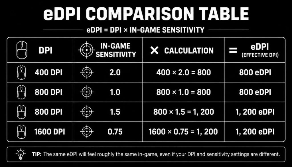 eDPI comparison table with DPI and in-game sensitivity examples