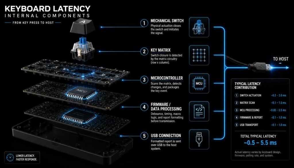Wired keyboard latency components showing mechanical switches, controller, firmware, key matrix, and USB connection