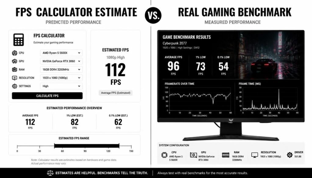 FPS calculator estimate vs real gaming benchmark performance comparison