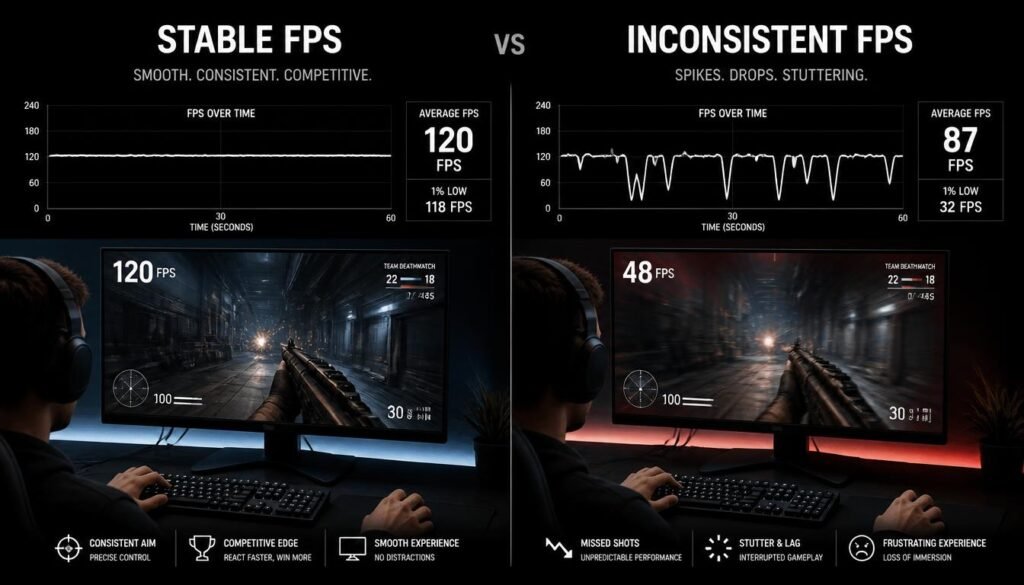 Stable FPS vs FPS drops showing smooth and inconsistent gaming performance
