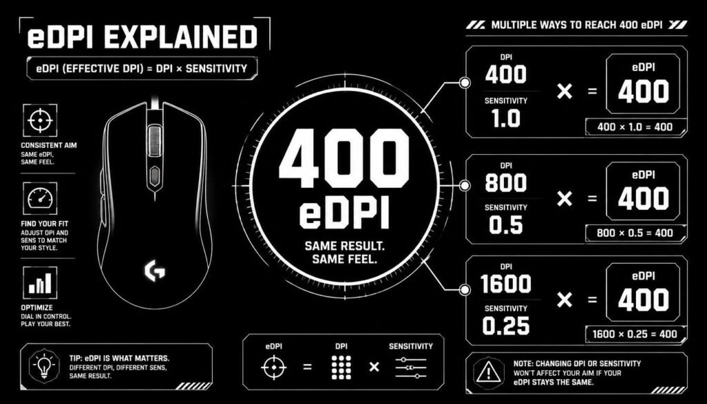 eDPI calculation examples using different mouse DPI and sensitivity settings