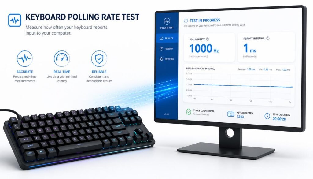 keyboard polling rate test showing 1000 Hz and 1 ms report interval